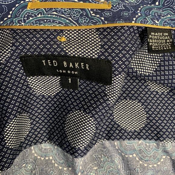 TED BAKER XS Bcrumbs Navy Green Paisley Cotton Spread Collar Short Sleeve Shirt - Picture 5 of 6